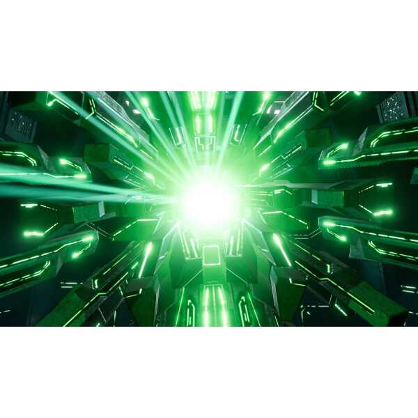Futuristic digital tunnel with glowing green lights and high-tech design.