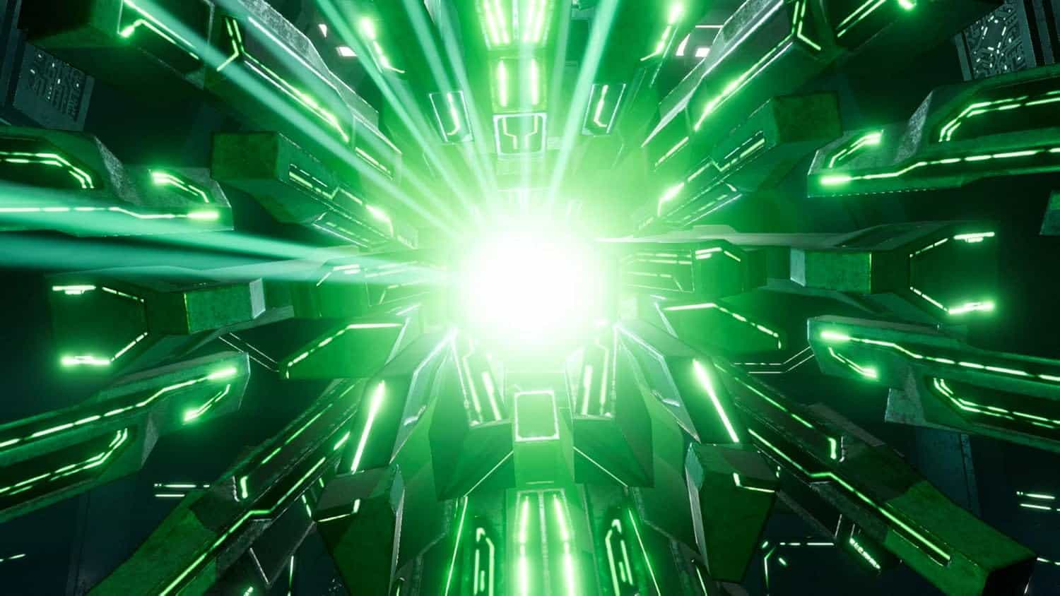 Futuristic digital tunnel with glowing green lights and high-tech design.