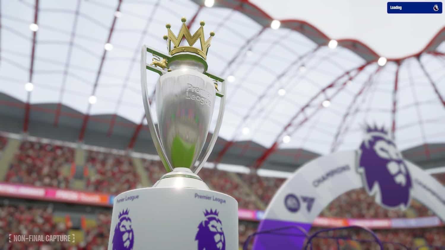 Football Manager 2026 trophy at a stadium with fans and Premier League branding.