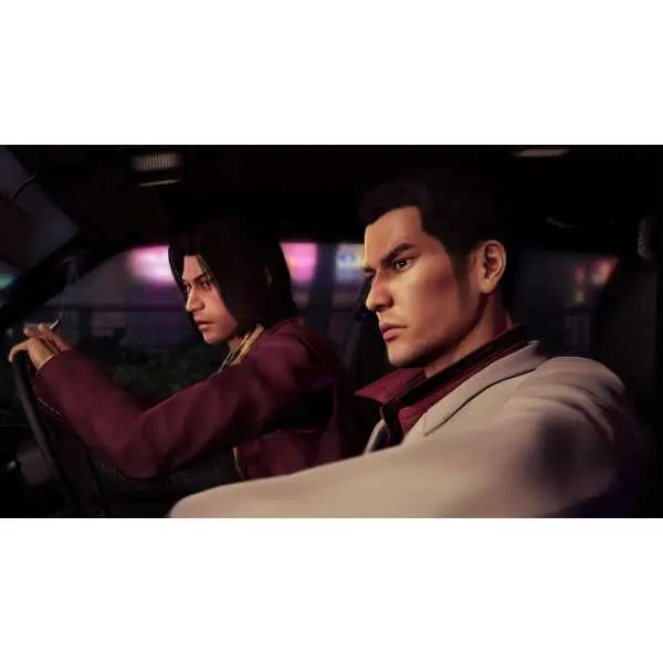 Yakuza 0 Director's Cut characters inside a vehicle, cinematic scene.
