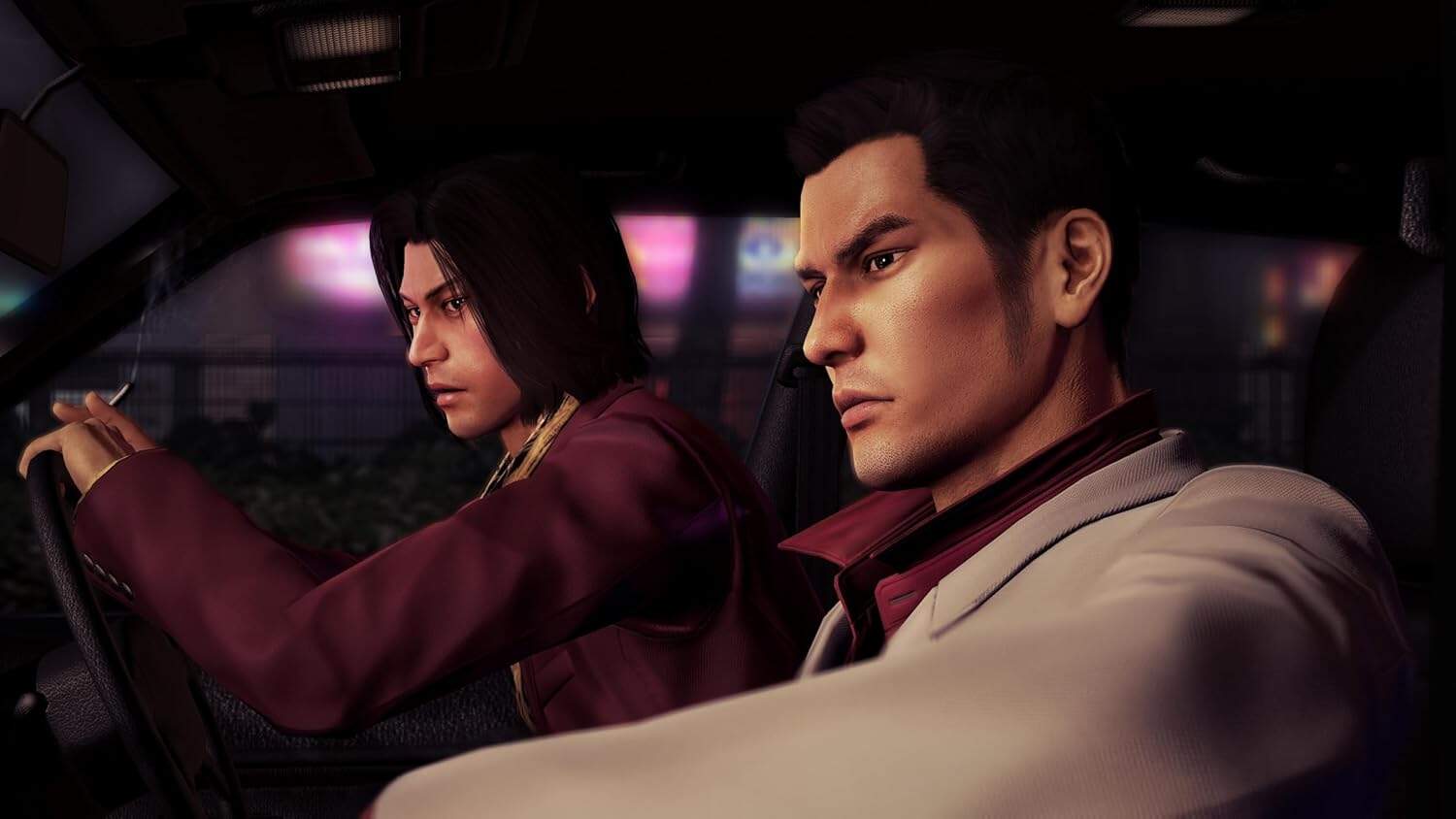 Yakuza 0 Director's Cut characters inside a vehicle, cinematic scene.
