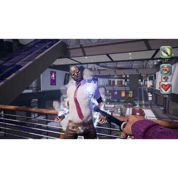 Intense zombie attack in a futuristic game environment with player shooting a zombie.
