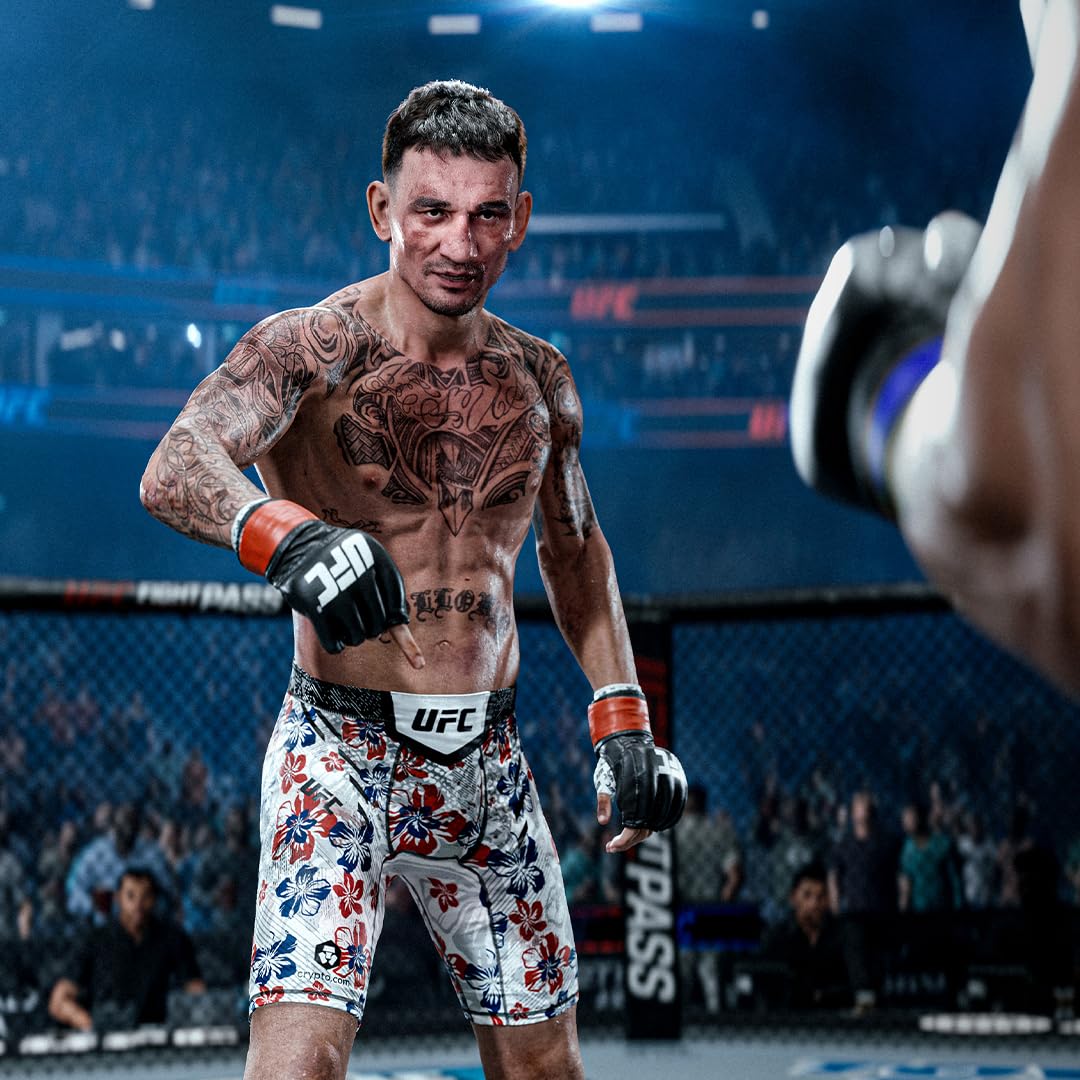 High-energy mixed martial arts fighter in UFC fight gear inside the octagon during a match.