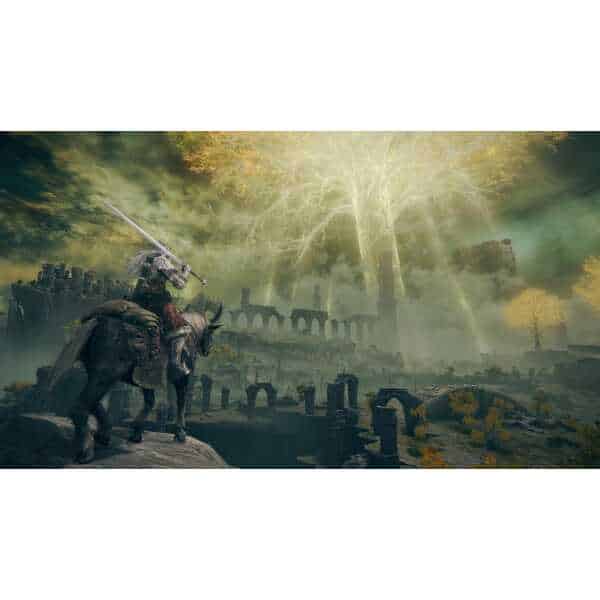 Elden Ring Tarnished Edition game scene with knight on horseback and mystical landscape.
