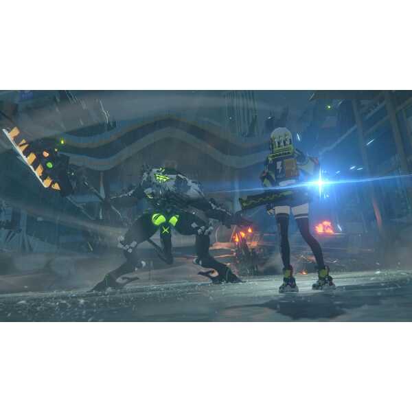 Futuristic scene with characters in high-tech suits in a sci-fi environment.