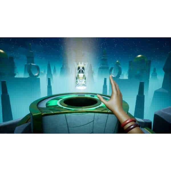 Futuristic scene with a hand reaching towards a glowing artifact in a mystical cityscape.
