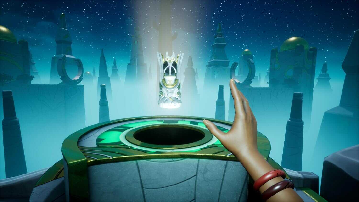 Futuristic scene with a hand reaching towards a glowing artifact in a mystical cityscape.