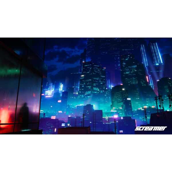 Cyberpunk city skyline with neon lights and futuristic skyscrapers at night.