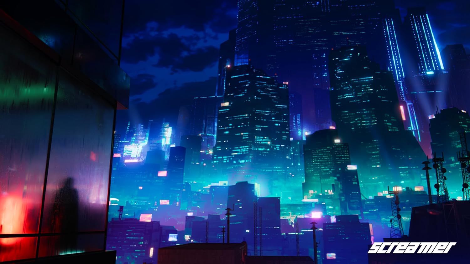 Cyberpunk city skyline with neon lights and futuristic skyscrapers at night.