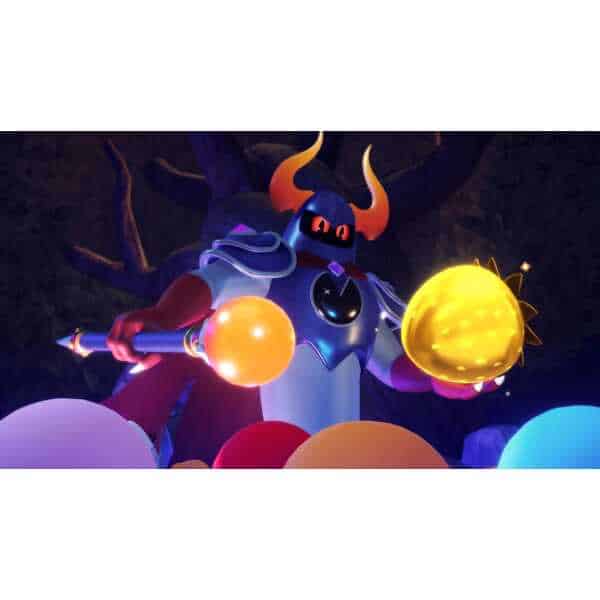 PAC-MAN WORLD 2 Re-PAC character battling with glowing orbs in dark forest.