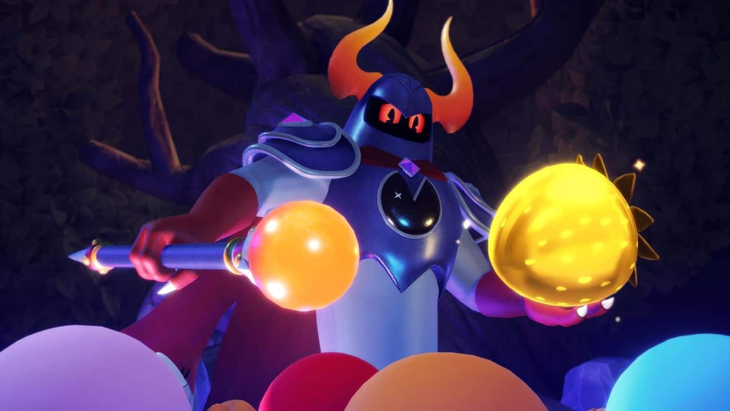 PAC-MAN WORLD 2 Re-PAC character battling with glowing orbs in dark forest.