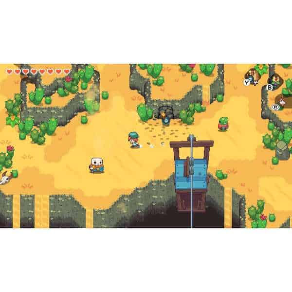 Pixel art scene from Gameware showing a character crossing a bridge in a lush island setting.