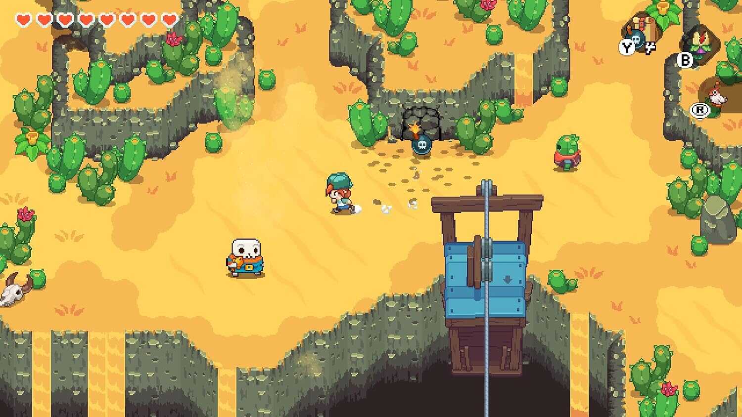 Pixel art scene from Gameware showing a character crossing a bridge in a lush island setting.