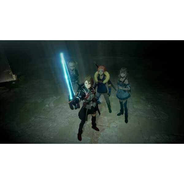 Group of four gaming characters with weapons, one wielding a glowing blue lightsaber, in a dark sett.