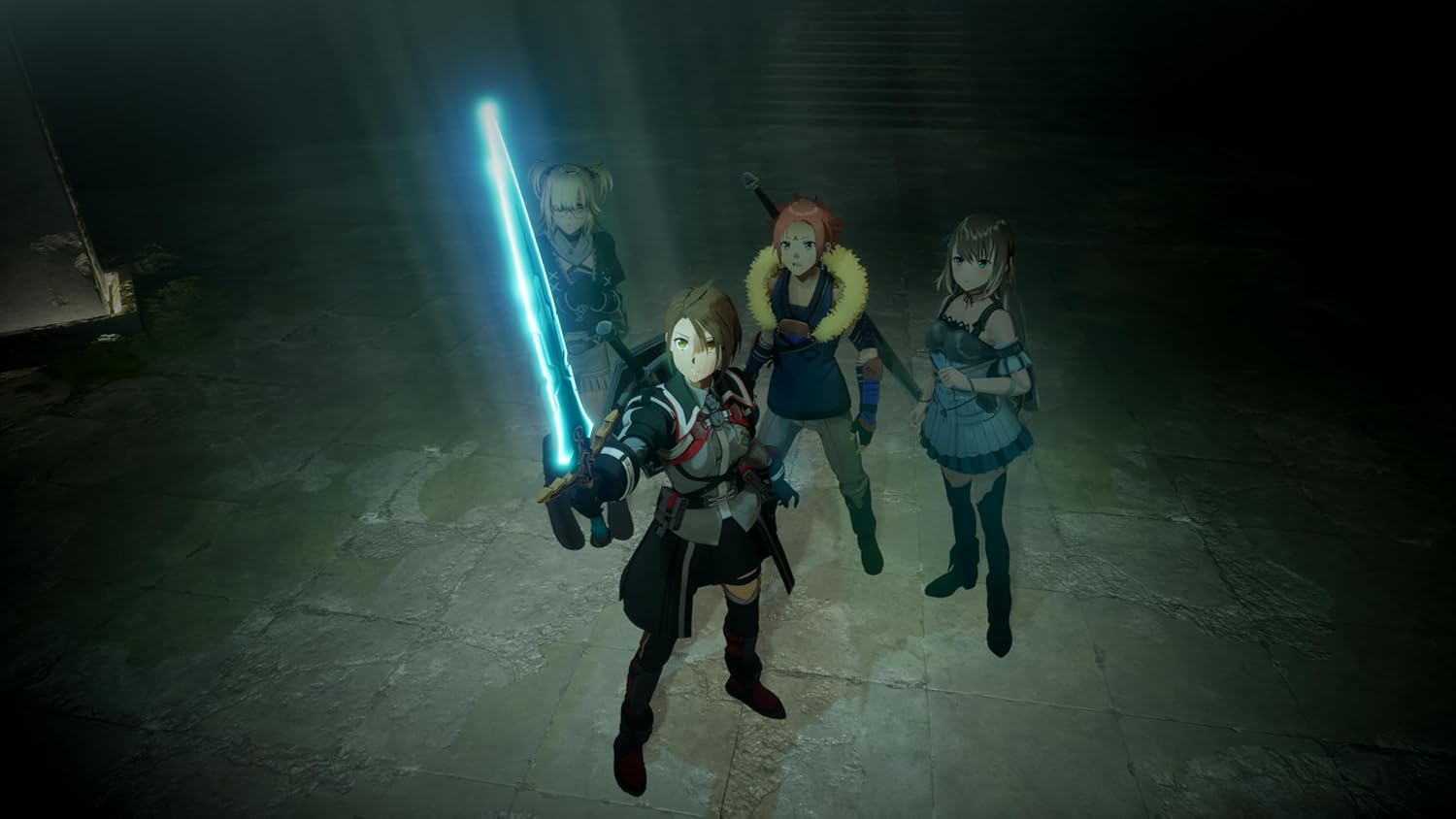 Group of four gaming characters with weapons, one wielding a glowing blue lightsaber, in a dark sett.
