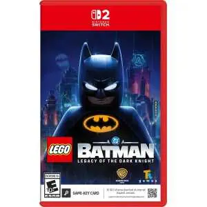 LEGO Batman game cover for Nintendo Switch with Batman logo and cityscape.