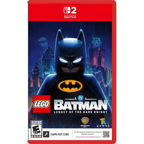 LEGO Batman game cover for Nintendo Switch with Batman logo and cityscape.