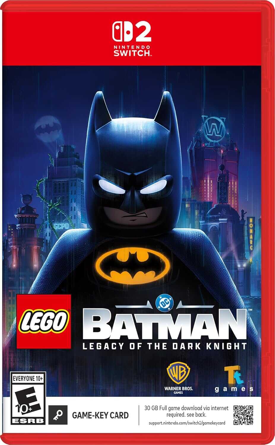 LEGO Batman game cover for Nintendo Switch with Batman logo and cityscape.