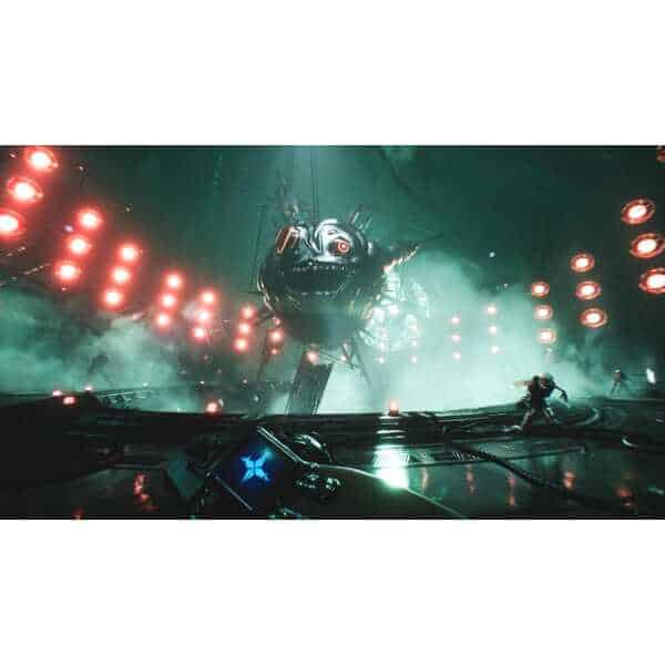 Futuristic sci-fi scene with a giant robotic spider and a lone character in a dark environment.
