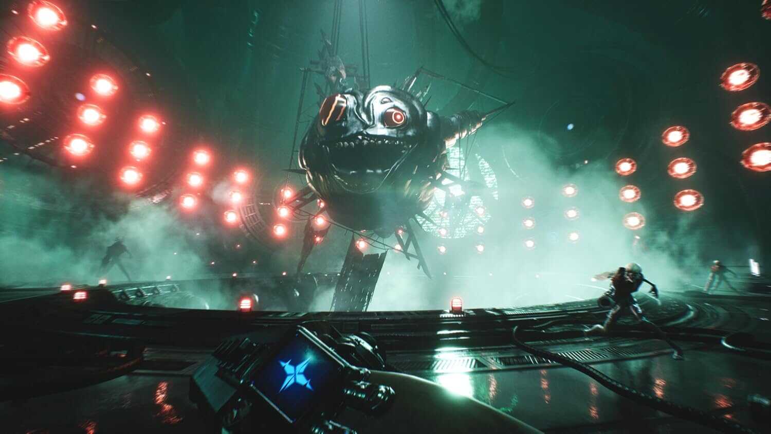 Futuristic sci-fi scene with a giant robotic spider and a lone character in a dark environment.