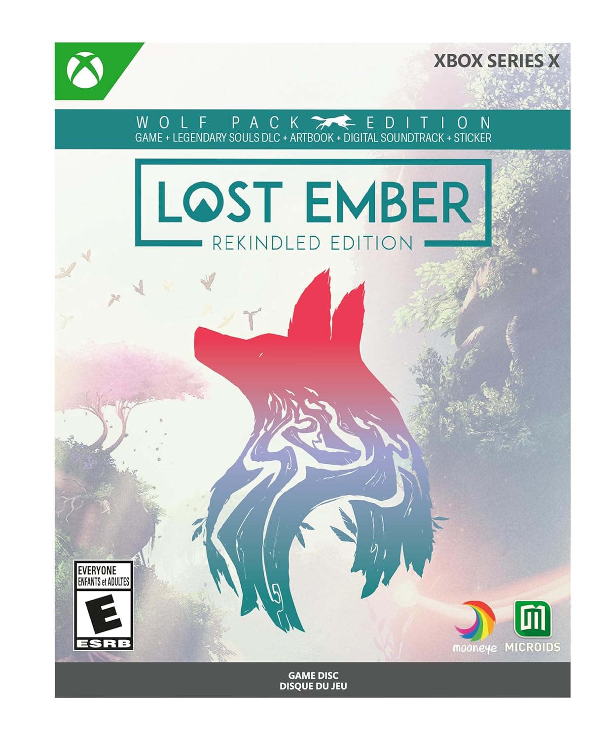 Lost Ember Xbox Series X game cover featuring a stylized wolf illustration and serene background.