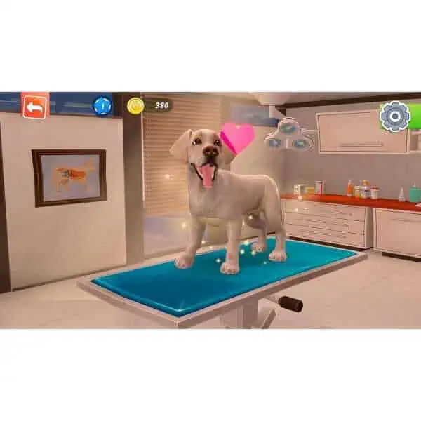 Virtual pet dog on a grooming table in a contemporary kitchen setting.