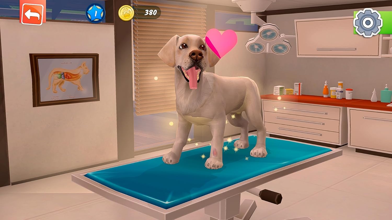 Virtual pet dog on a grooming table in a contemporary kitchen setting.