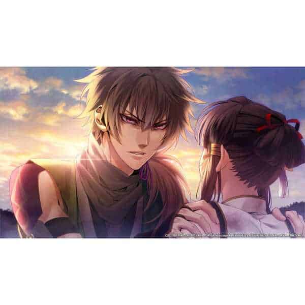 Homura, a fierce warrior, faces her opponent with determination in a dramatic sunset scene.