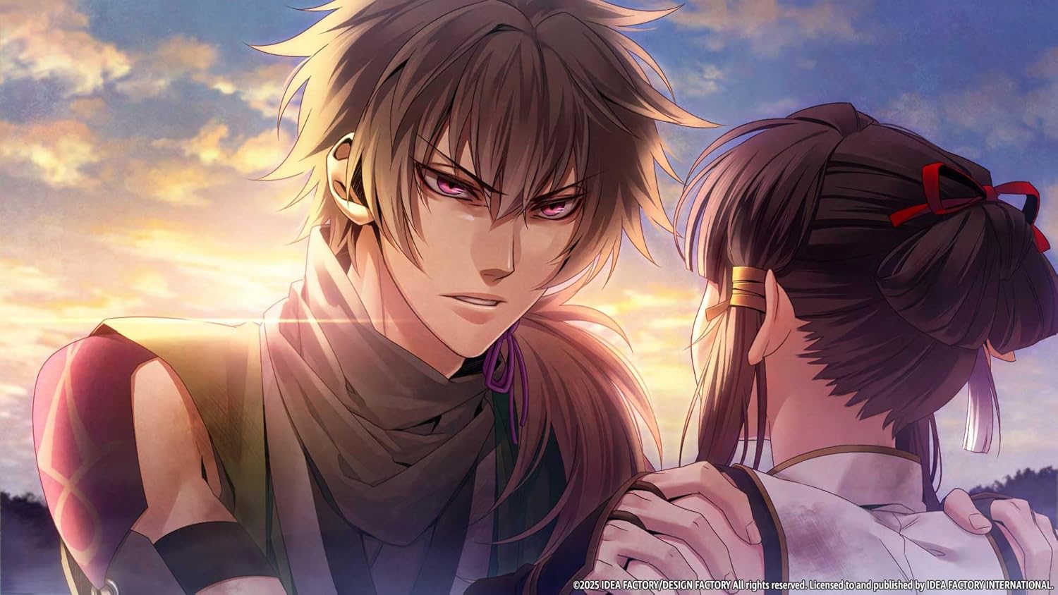 Homura, a fierce warrior, faces her opponent with determination in a dramatic sunset scene.