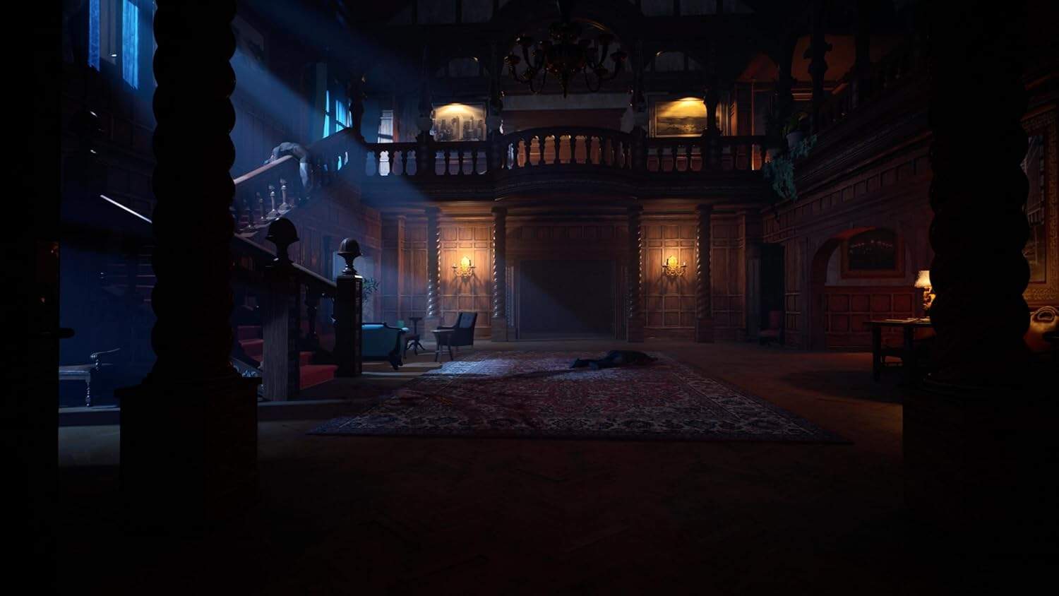 Interior scene from Vampire: The Masquerade - Bloodlines 2 gameware, showcasing a dark, atmospheric.
