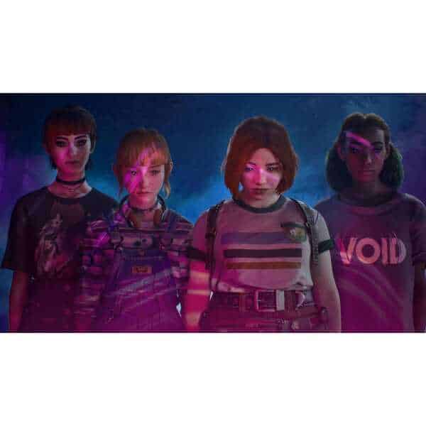 Four young women with colorful lighting effects in a vibrant, edgy setting.