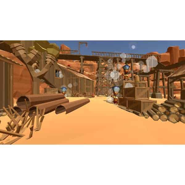 Wild West Shooter game scene with guns and wooden structures.