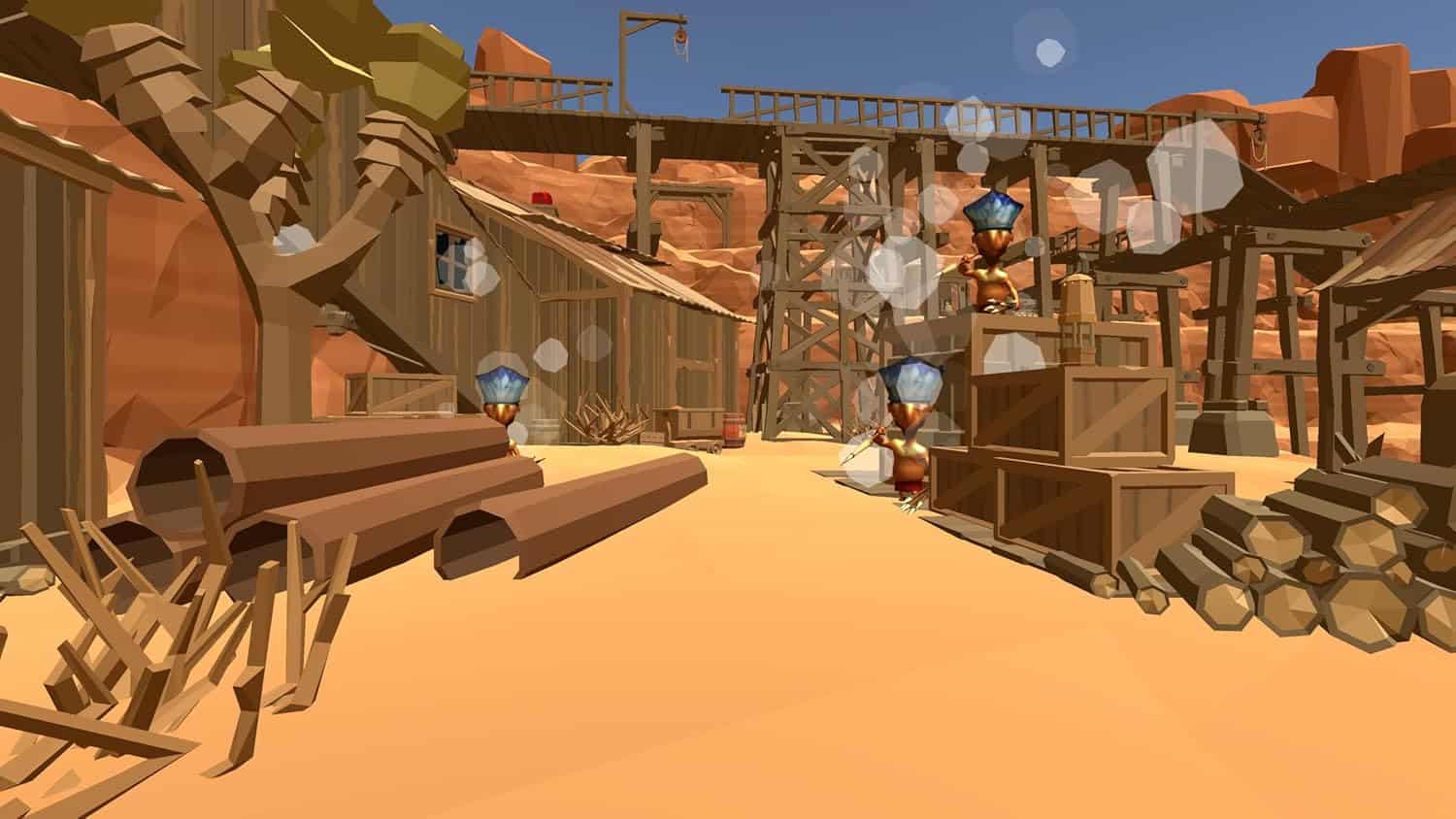 Wild West Shooter game scene with guns and wooden structures.