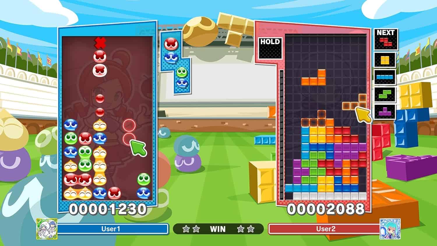 Puyo Puyo Tetris 2S gameplay with colorful puzzle pieces and competitive play.