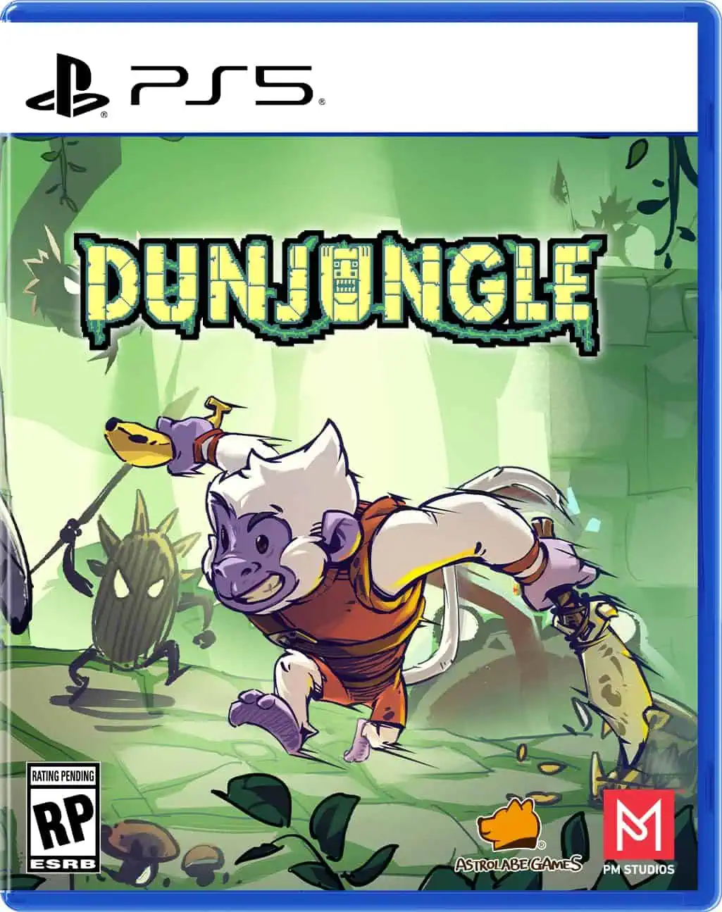 Dunjungle PS5 game cover featuring a cartoon animal character in a jungle setting.