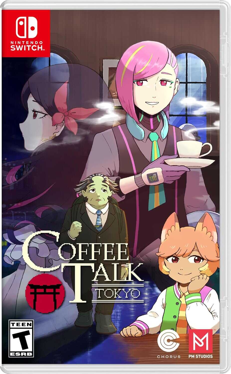 Anime-style characters enjoying coffee in a cozy cafe setting.