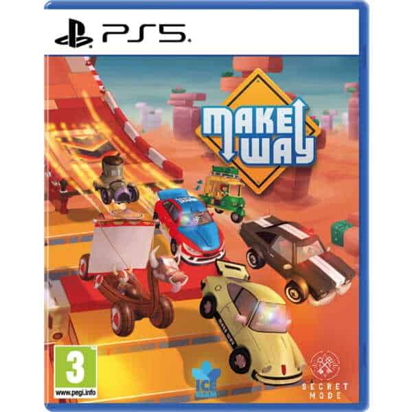 Creative racing game "Make Way" for PlayStation 5 with colorful vehicles and dynamic tracks.