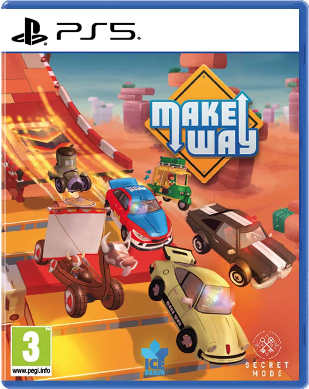 Creative racing game "Make Way" for PlayStation 5 with colorful vehicles and dynamic tracks.
