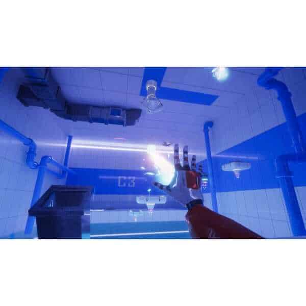 Futuristic VR gaming environment with a robotic hand and neon lighting.