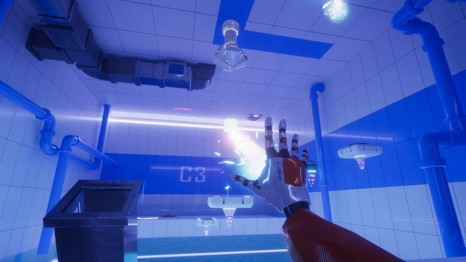 Futuristic VR gaming environment with a robotic hand and neon lighting.