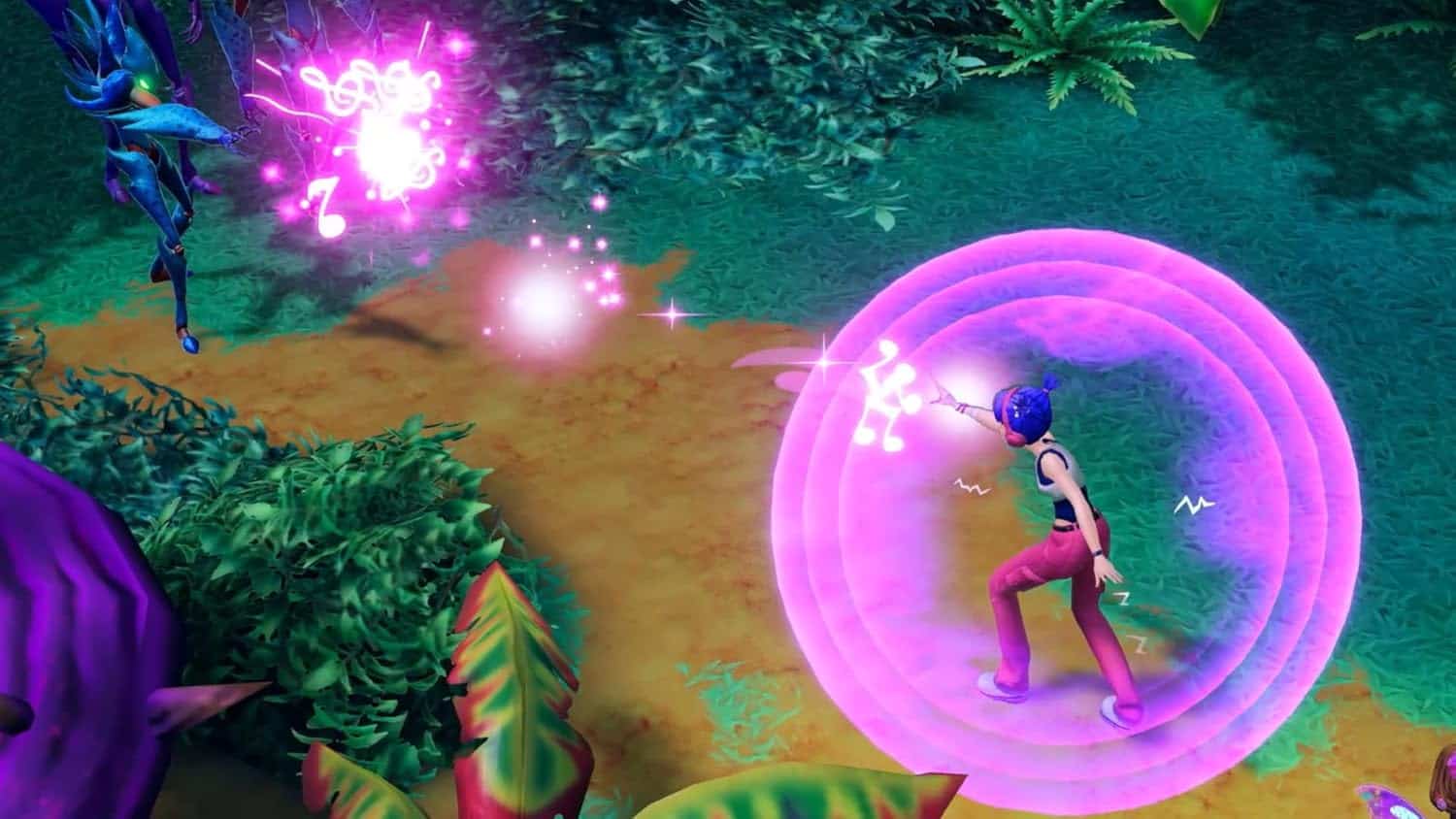 Winx Club character casting a magical spell in a vibrant forest scene.