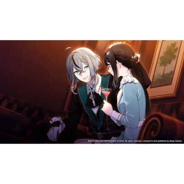 Anime characters in a stylish lounge with drinks, showcasing gaming and entertainment ambiance.