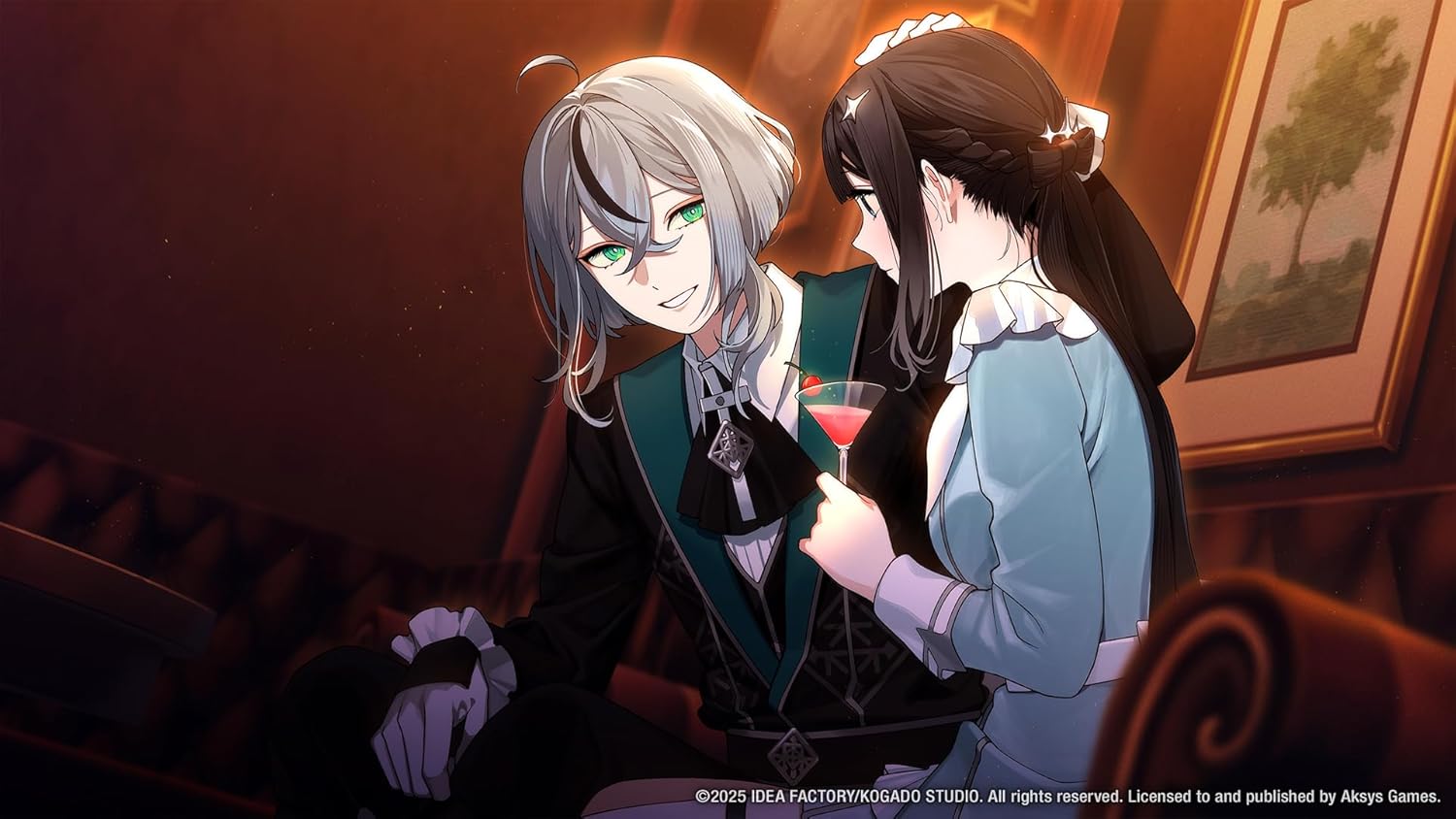Anime characters in a stylish lounge with drinks, showcasing gaming and entertainment ambiance.