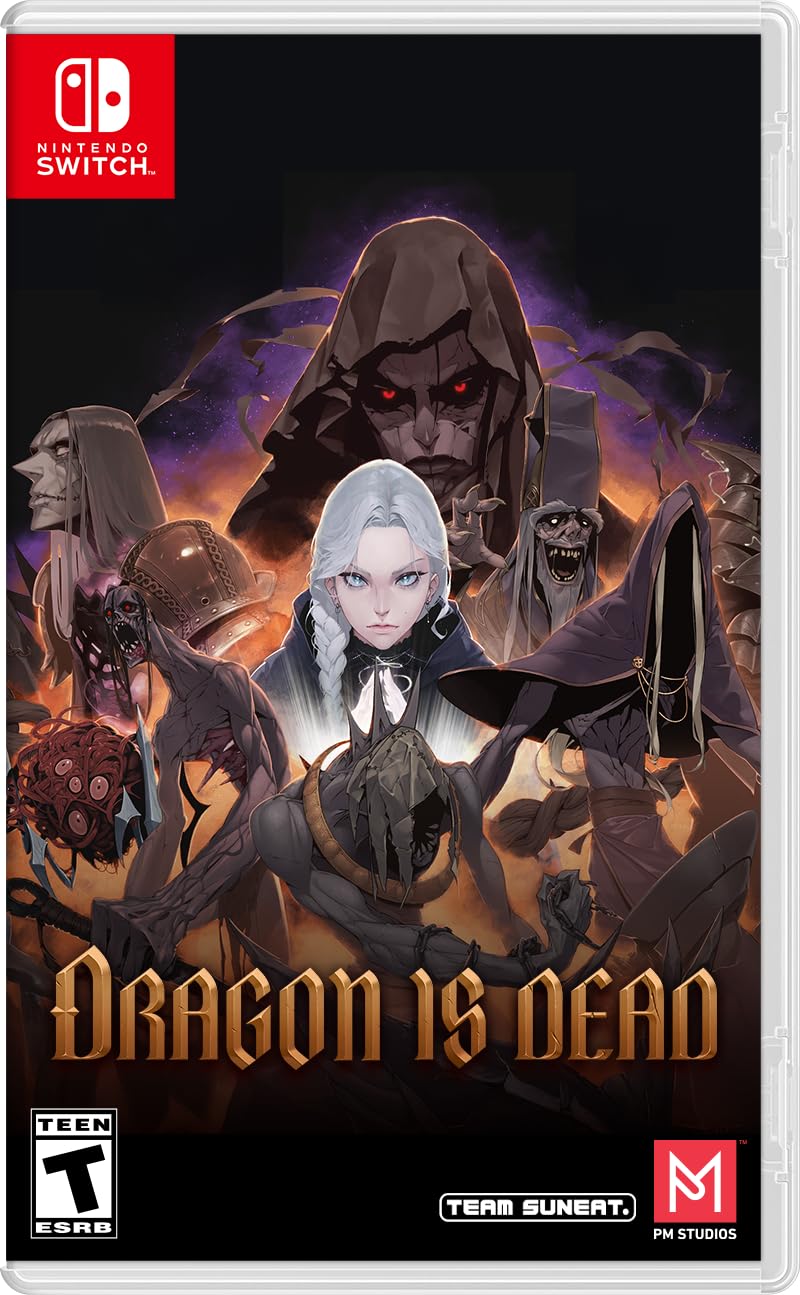 A dark fantasy game cover featuring a female character with white hair and various menacing creature.