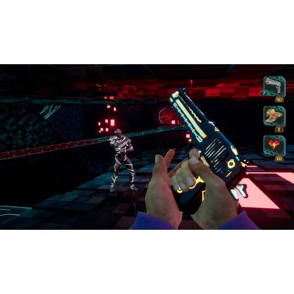 Futuristic neon cyber shooter game with laser gun and skeleton enemy.