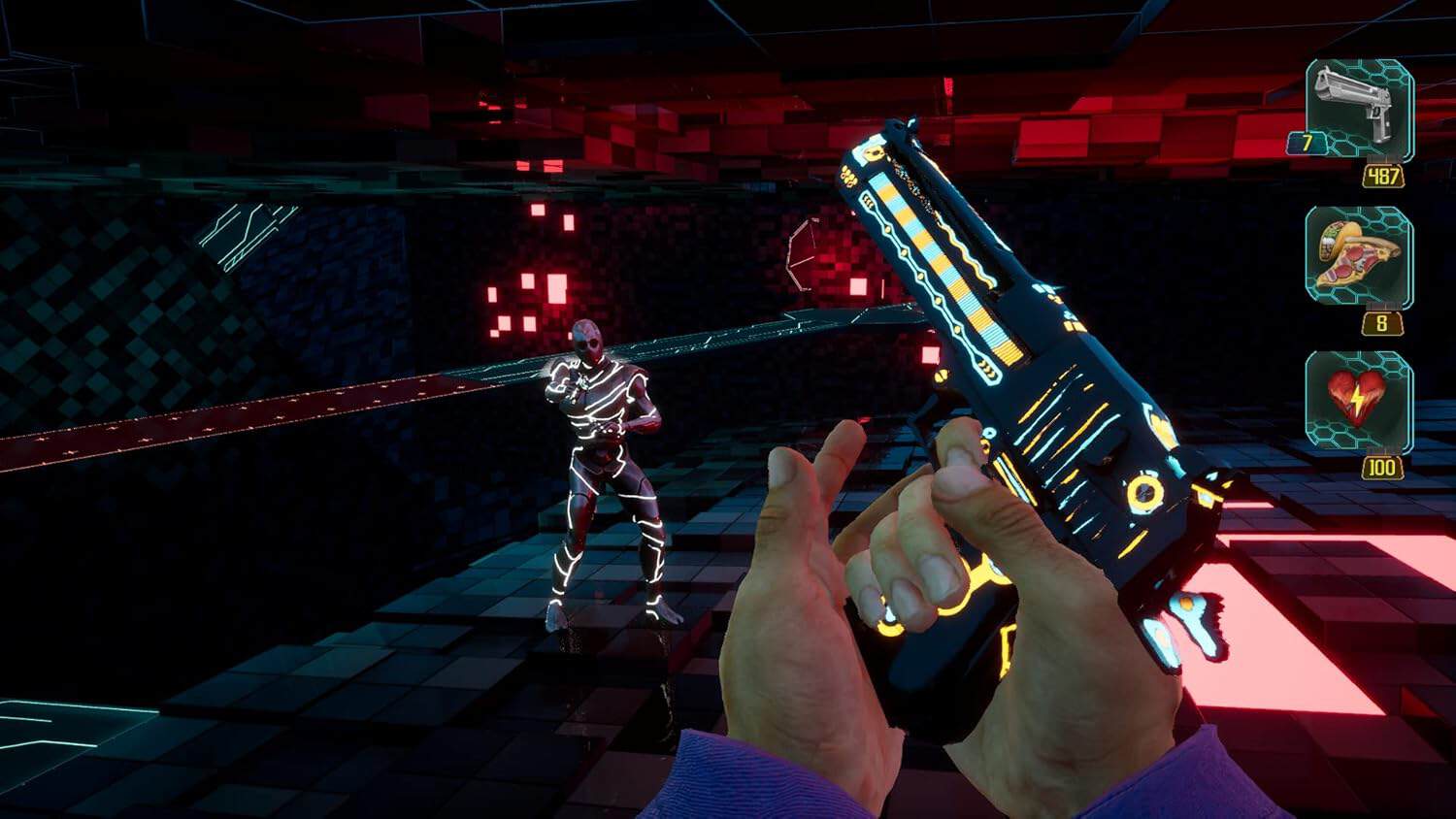 Futuristic neon cyber shooter game with laser gun and skeleton enemy.