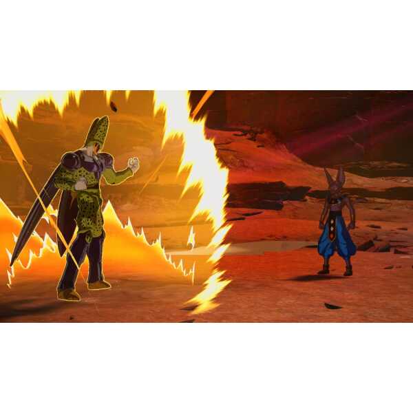 Goku and Cell in intense battle with energy attacks in Dragon Ball Z.