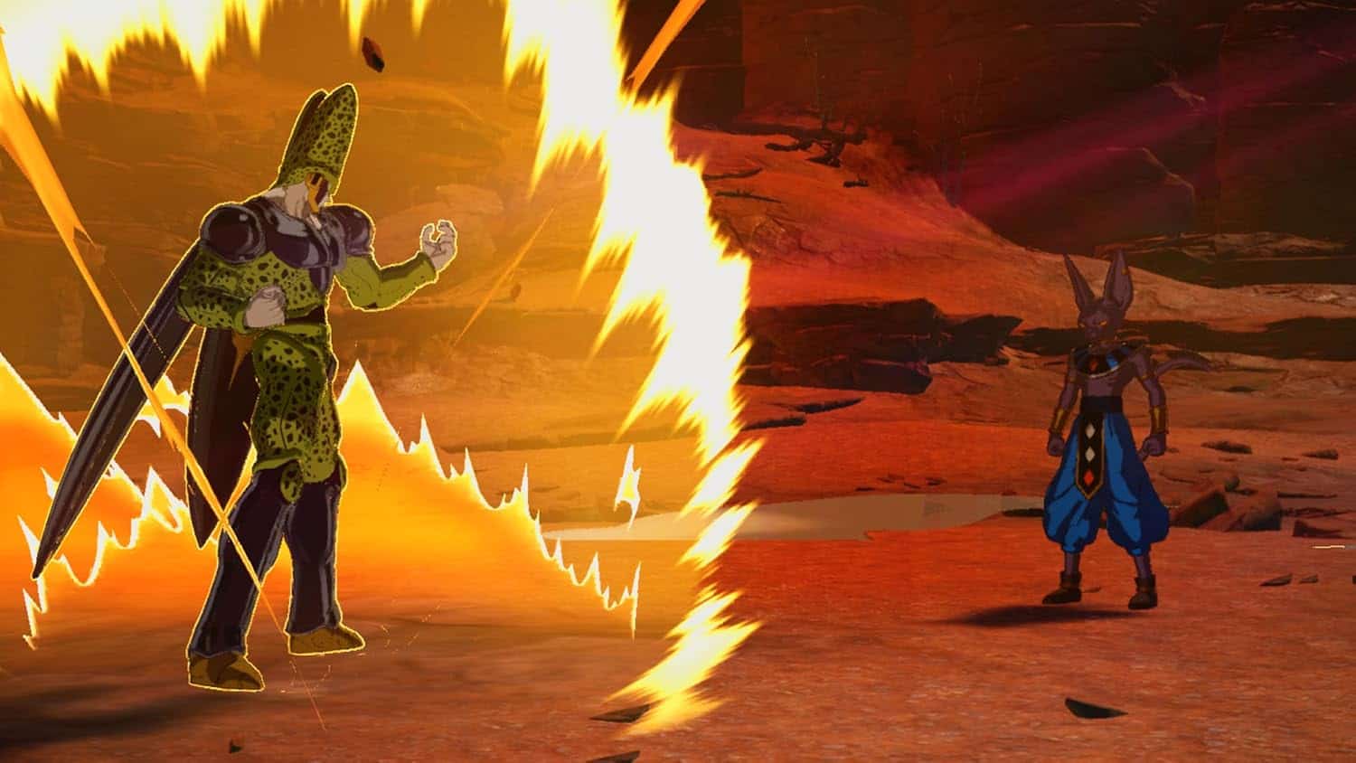 Goku and Cell in intense battle with energy attacks in Dragon Ball Z.