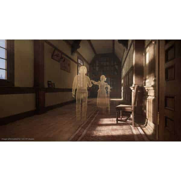 Haunted house corridor with ghostly figures and eerie lighting, perfect for horror game design.