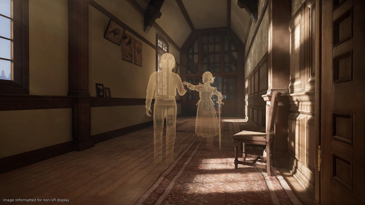 Haunted house corridor with ghostly figures and eerie lighting, perfect for horror game design.